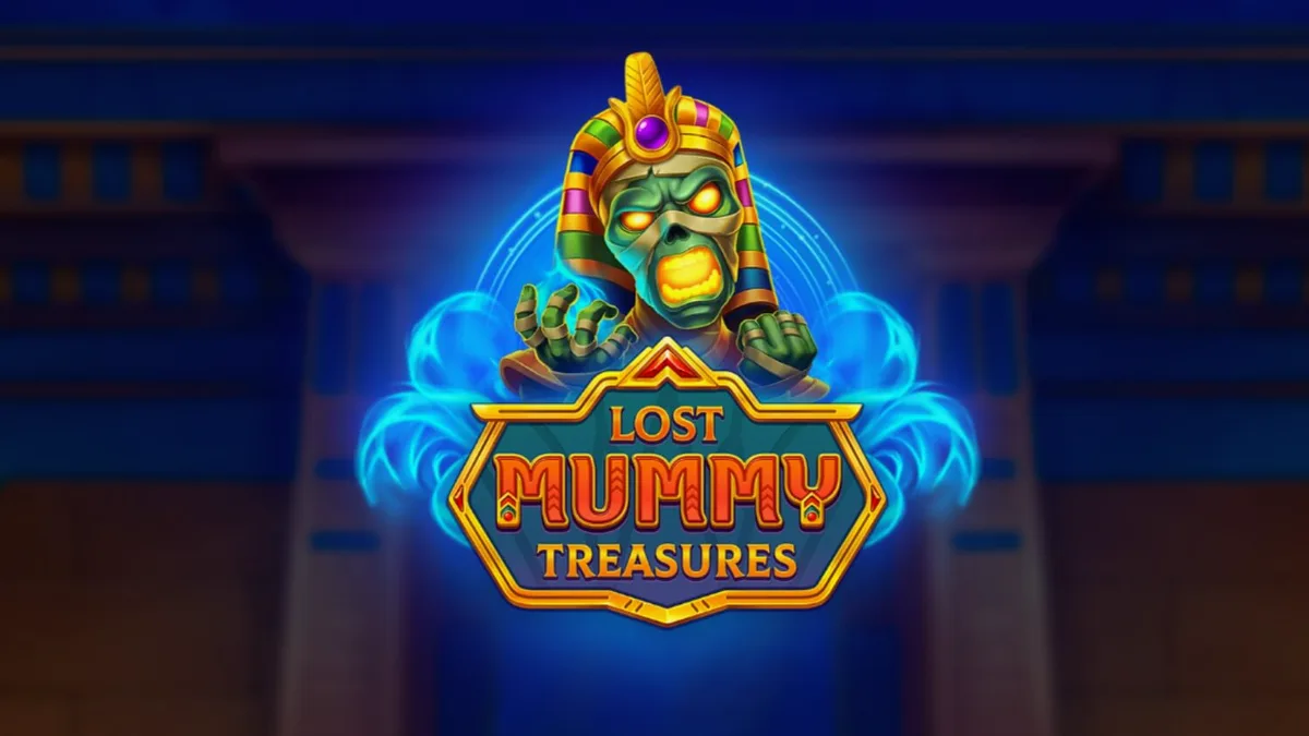 Tampilan visual slot Lost Mummy Treasures dengan simbol dewa Mesir dan gulungan emas.